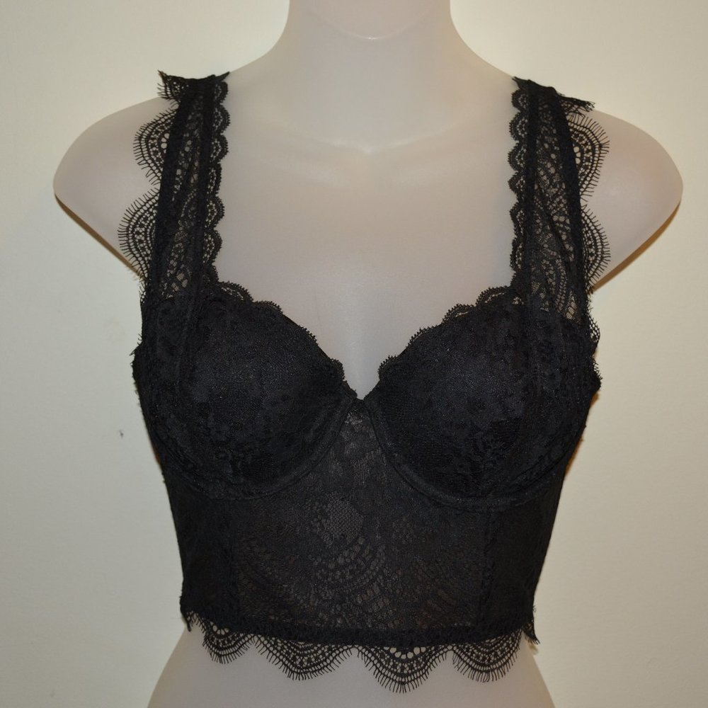 Victoria's Secret 32B long line black eyelash lace boned bra *Tag Removed EUC